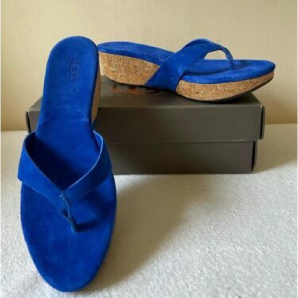 UGG Shoes - UGG Australia UMA Blue Suede Cork Wedge Woman’s Thong Sandals w/Studs. Size 9W.